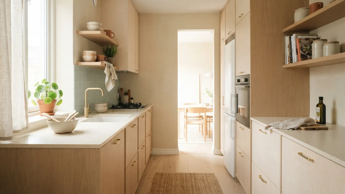 Light finishes and staggered work zones Scandinavian galley kitchen with staggered work zones and light reflective finishes