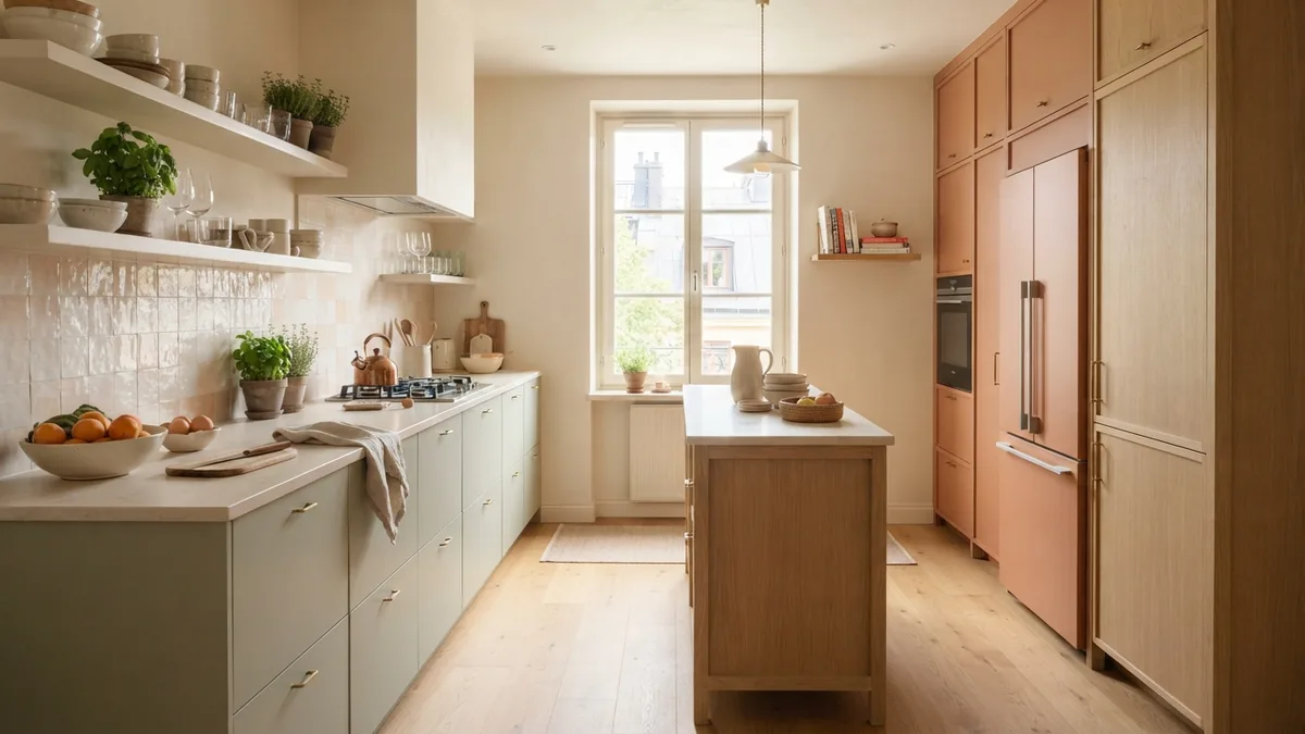 Narrow galley kitchen with a slim island and clear walking space