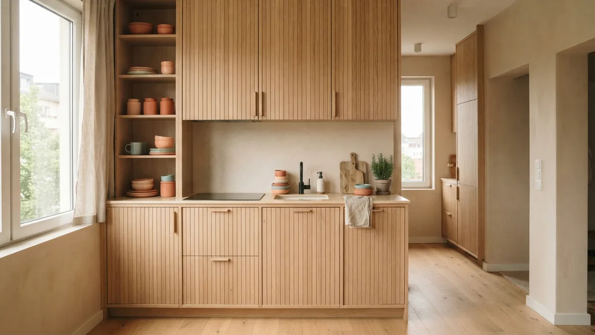 Japandi galley kitchen with ceiling-height cabinets and vertical storage shelves