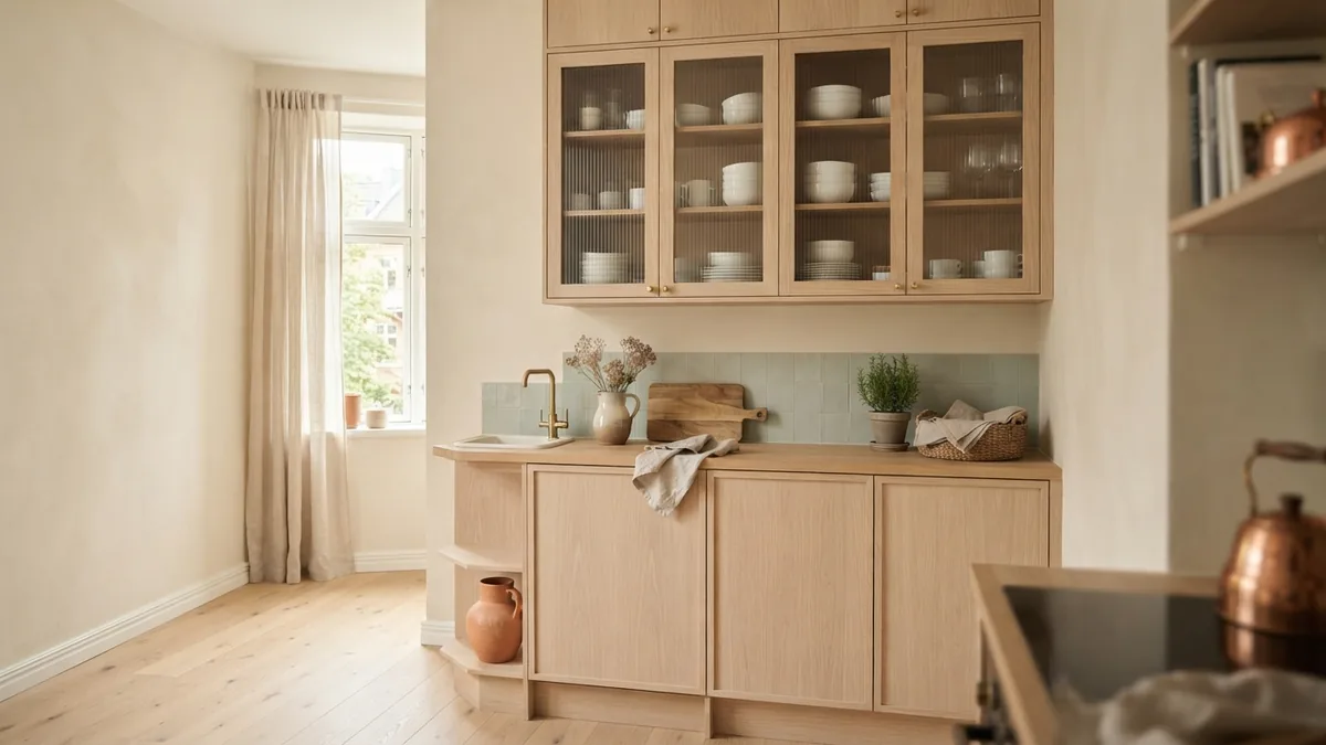 Small bright kitchen with glass cabinet doors and neatly arranged white dishes