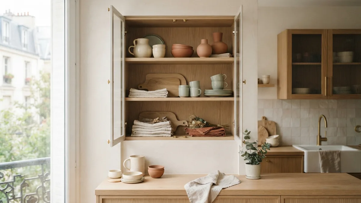Color styling for glass cabinet shelves Styled glass kitchen shelves with cream ceramics, sage accents, terracotta, and pale oak