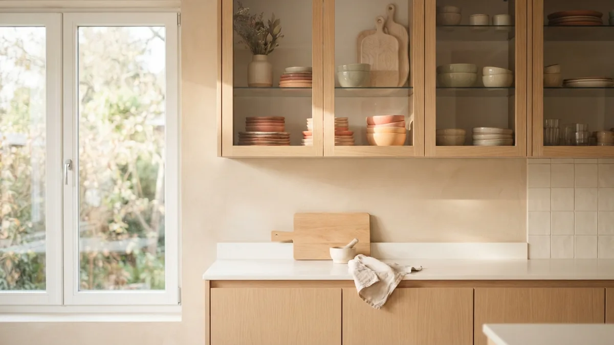 Upper glass cabinets styled with stacked dishes, bowls, vase, and wood boards