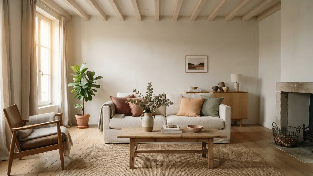 Warm ceiling beams add character Pale timber beams bring warmth and character to a tall European living room
