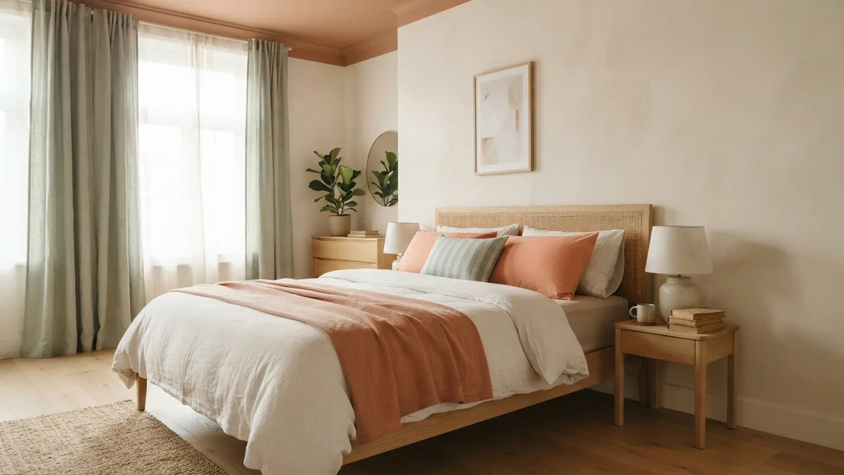 Muted terracotta ceiling adds warmth to a bright bedroom with tall walls