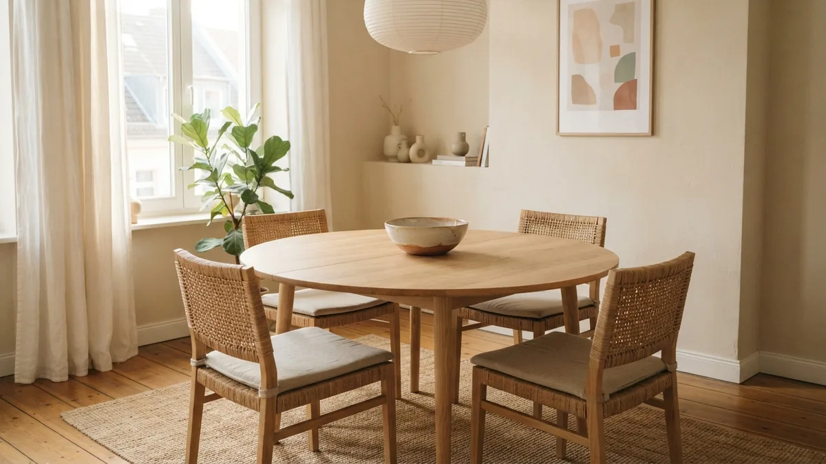 Bright apartment dining area Bright apartment dining area with a round oak table and warm cream interior details