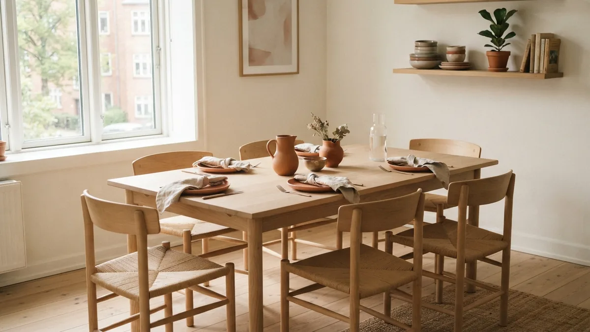 Scandinavian dining corner with pale oak table, linen details, and terracotta pottery