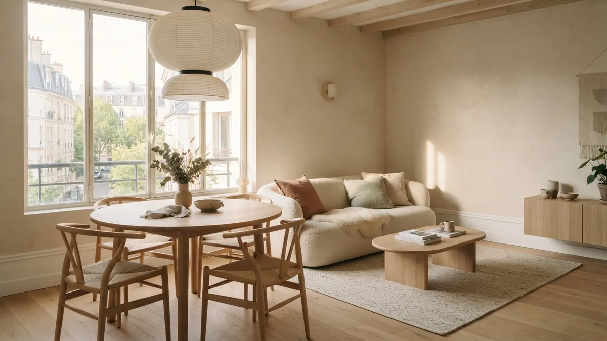 Japandi living and dining area with pale wood, cream walls, and natural daylight