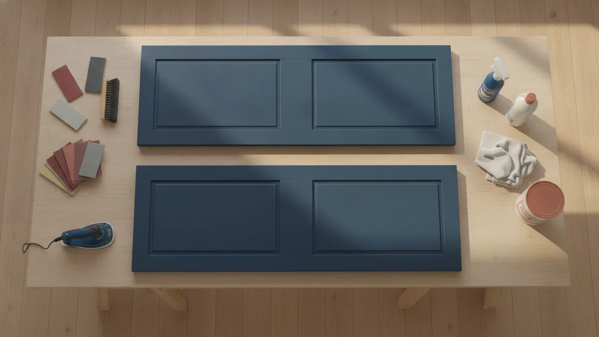 Cabinet painting workflow setup Cabinet doors staged on a workbench with sanding and cleaning supplies