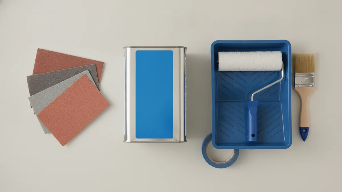 Prep and paint supplies Cabinet painting supplies including primer, roller, brush, and sandpaper