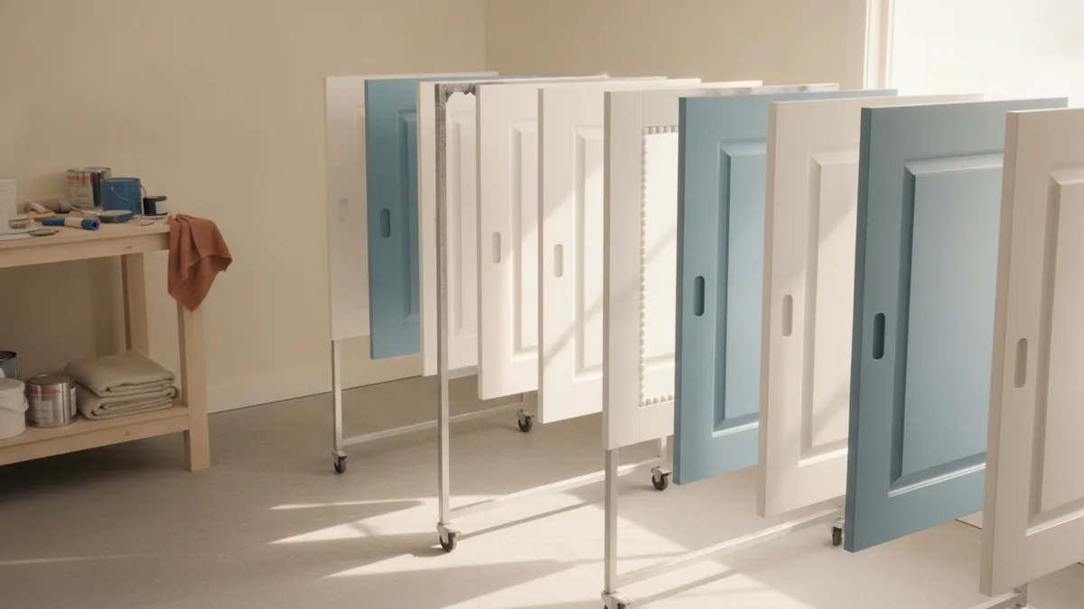 Drying racks for an even finish Cabinet doors drying on racks with even spacing for smooth paint cure