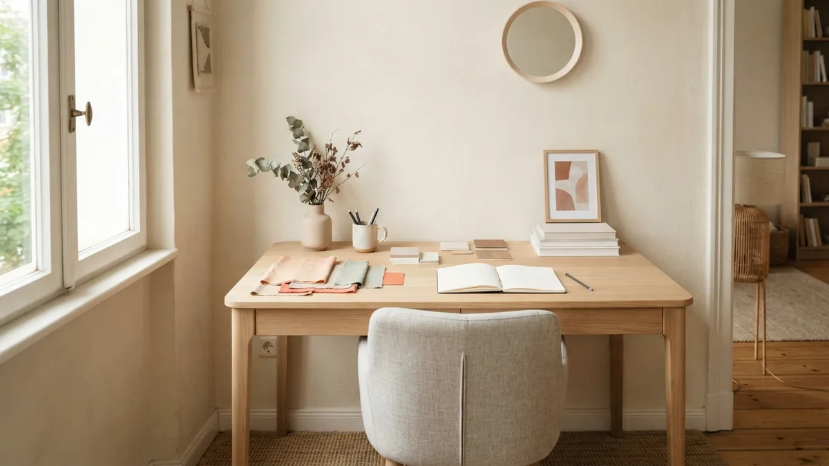 Japandi home office corner with material swatches and warm daylight in a European apartment