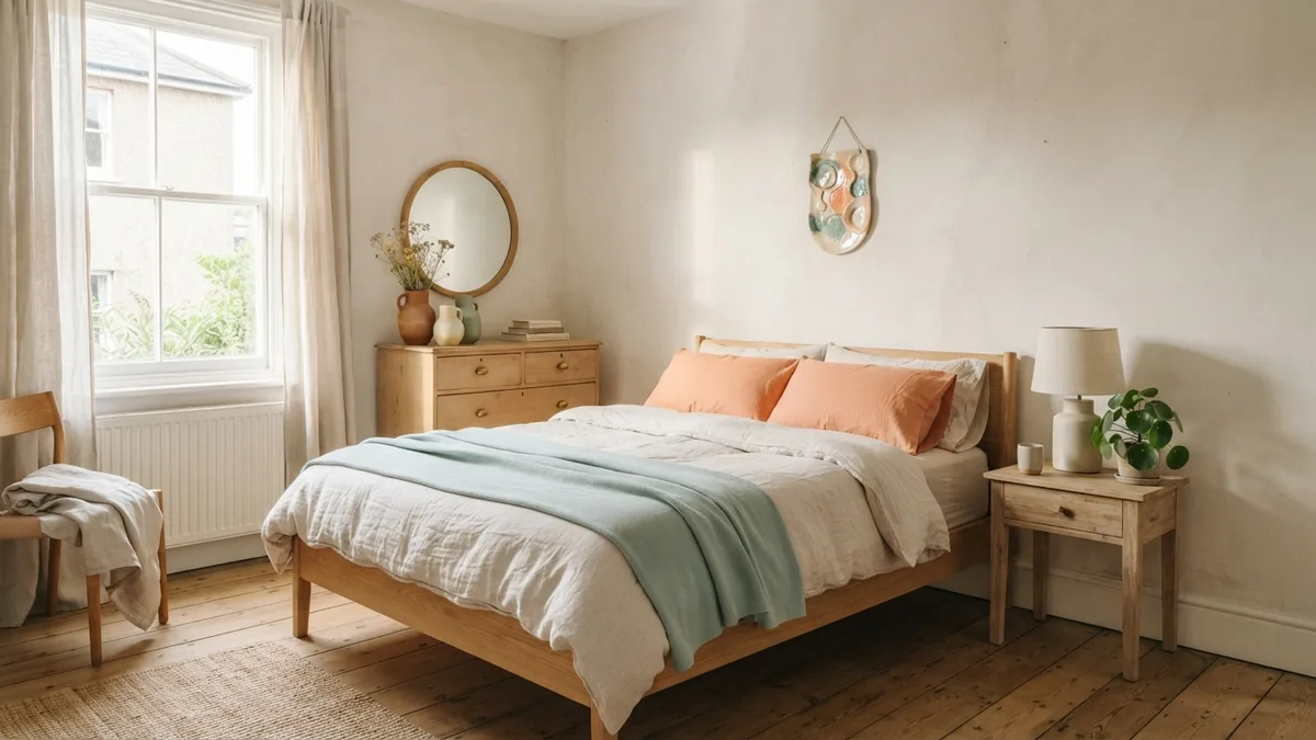 Warm coastal bedroom Coastal European bedroom with linen bedding, pale wood, and soft sage accents