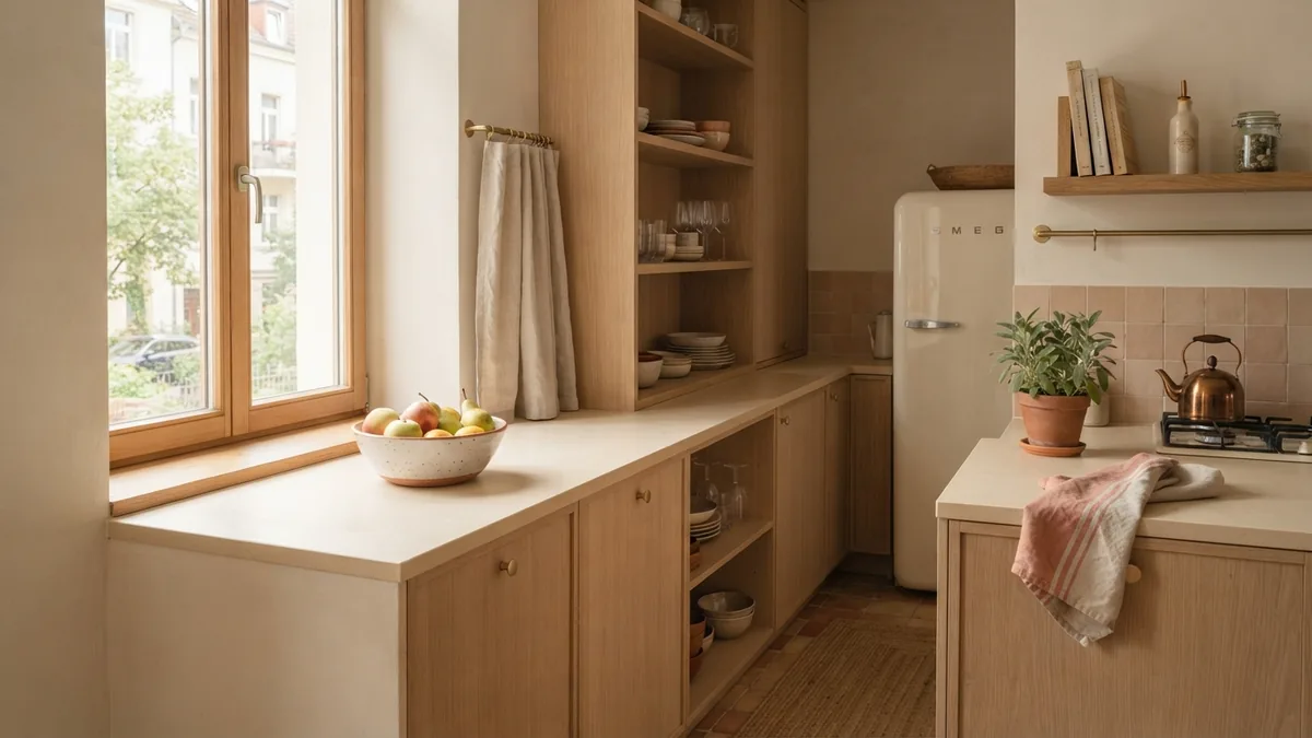 Tidy farmhouse kitchen Tidy farmhouse kitchen with pale oak, cream finishes, and warm natural daylight