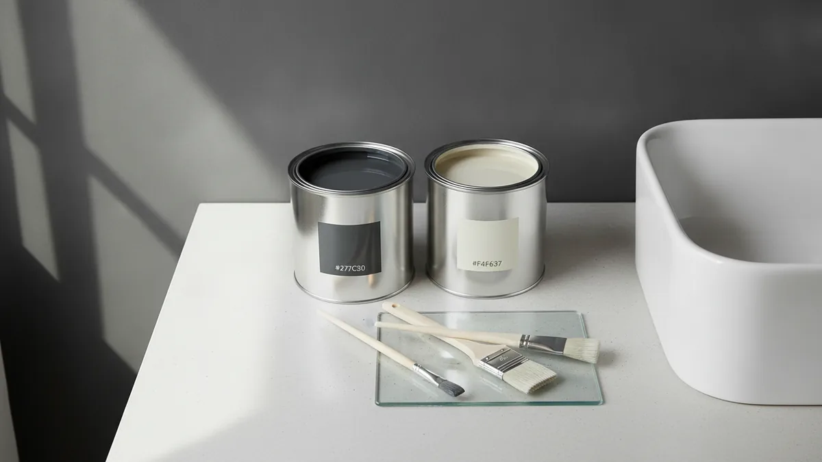 Latex vs oil timing Paint types and tools set up for a bathroom painting project