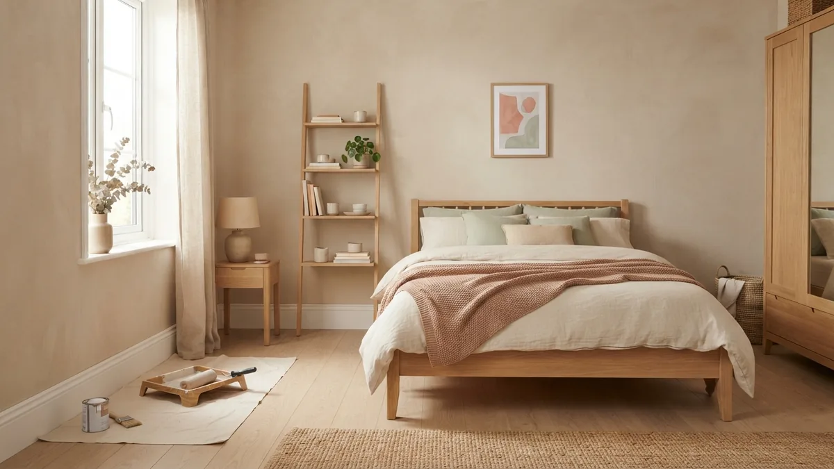 Bedroom painting setup in soft daylight Tidy bedroom with warm neutral walls ready for a painting project