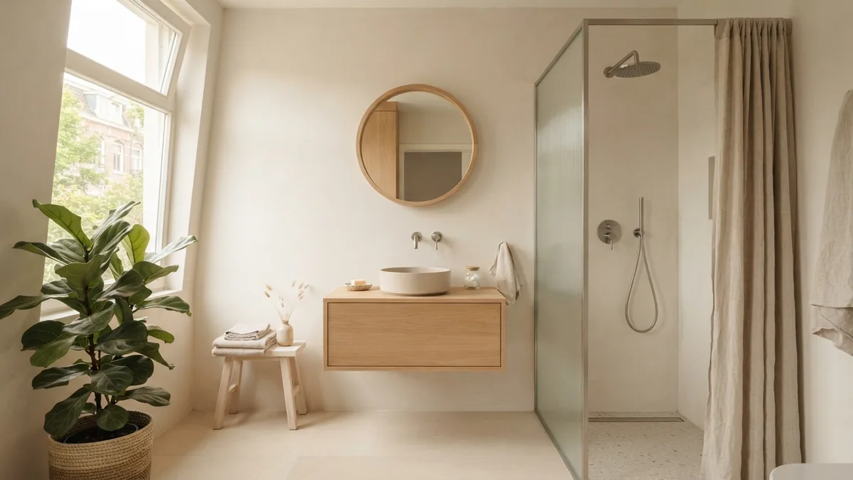 Bright Japandi bathroom with fresh walls drying in warm daylight