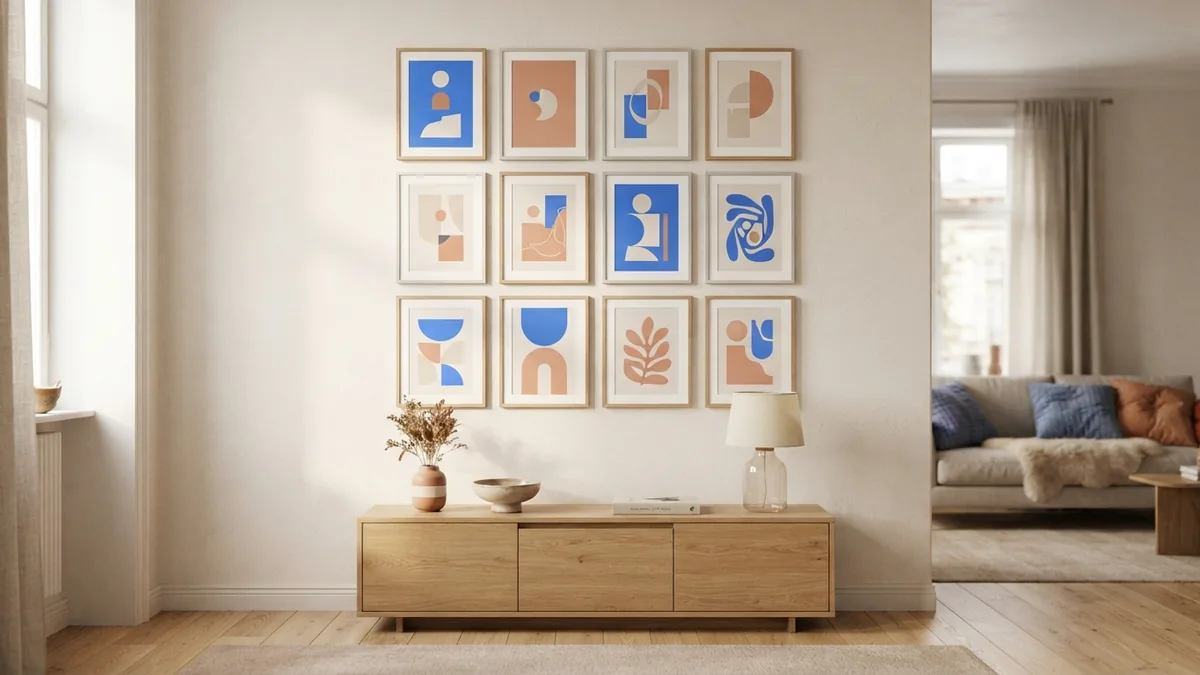 Paper layout templates showing grouped artwork spacing on a wide interior wall