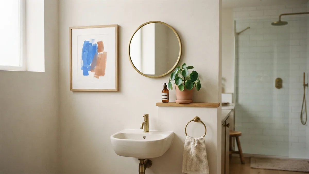 Moisture-safe artwork in a bathroom Moisture-safe framed artwork displayed on a calm modern bathroom wall