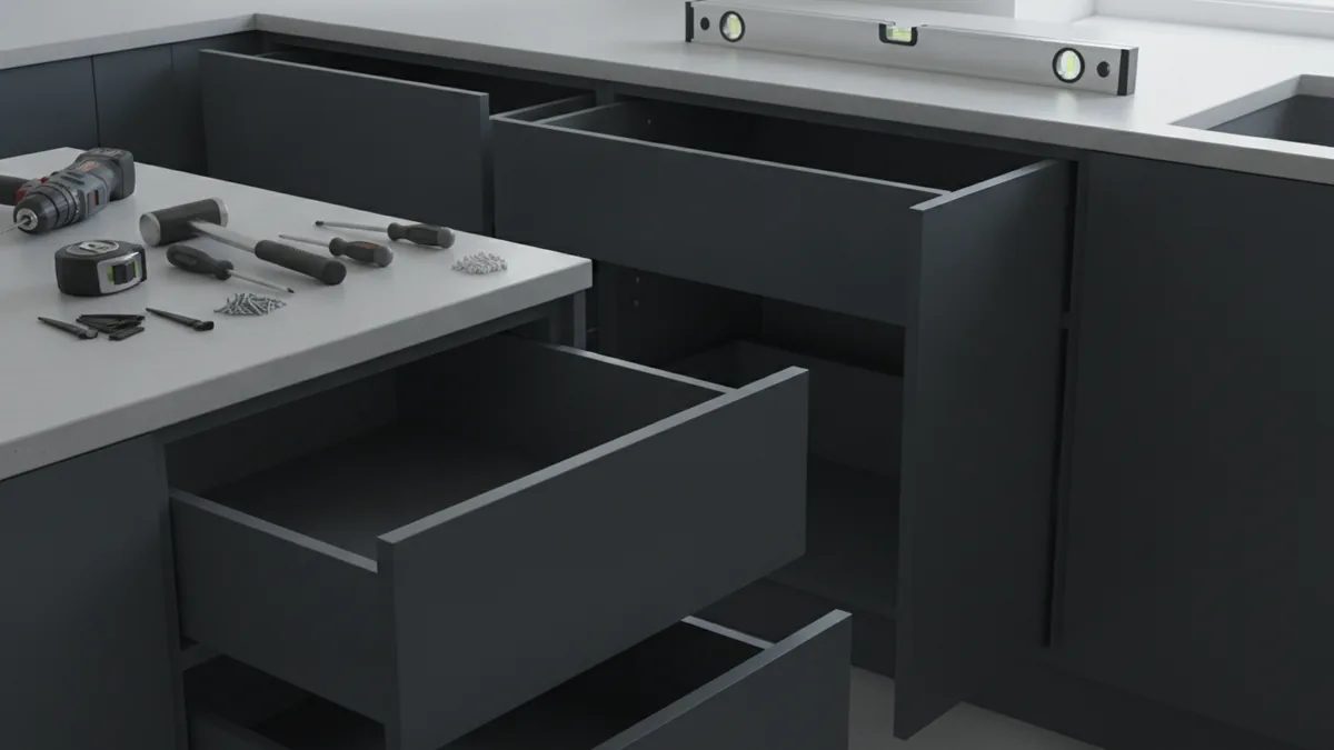 Renovation workspace with tools and cabinet components in a kitchen setting.