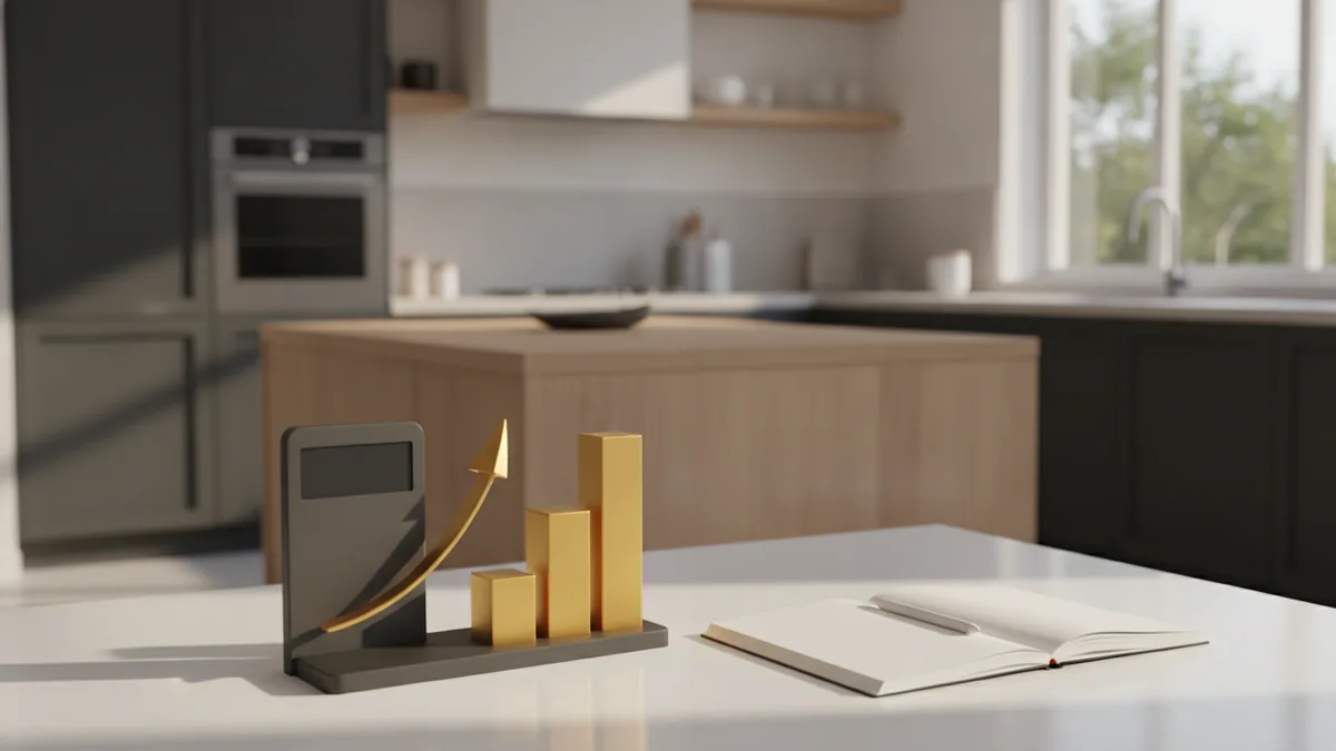 Tabletop planning scene beside a modern kitchen, suggesting budgeting for renovation ROI.