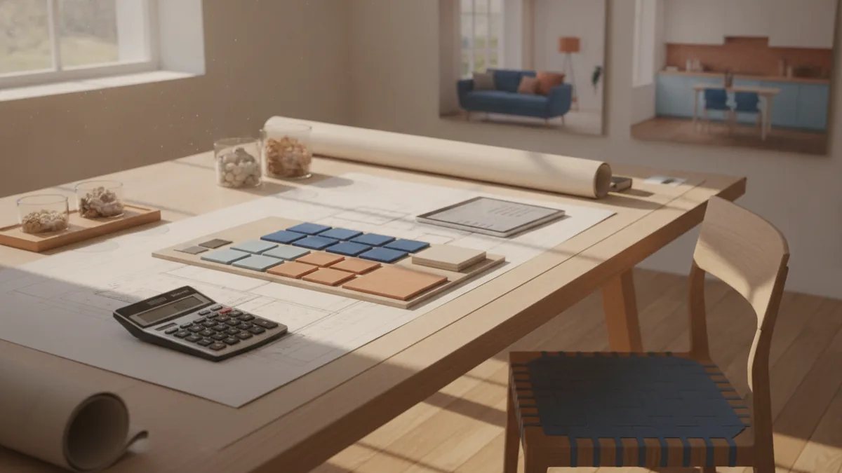Interior designer calculating project hours beside plans and material samples