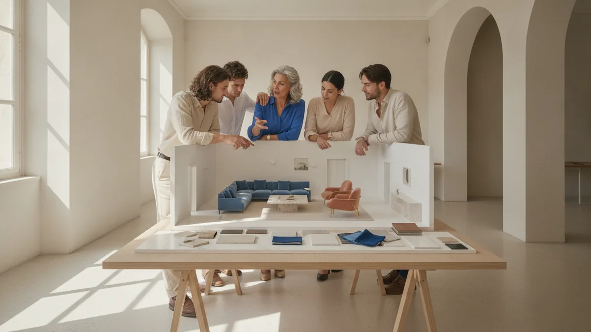 Senior designer leading project work Senior interior designer guiding a team around a detailed room model