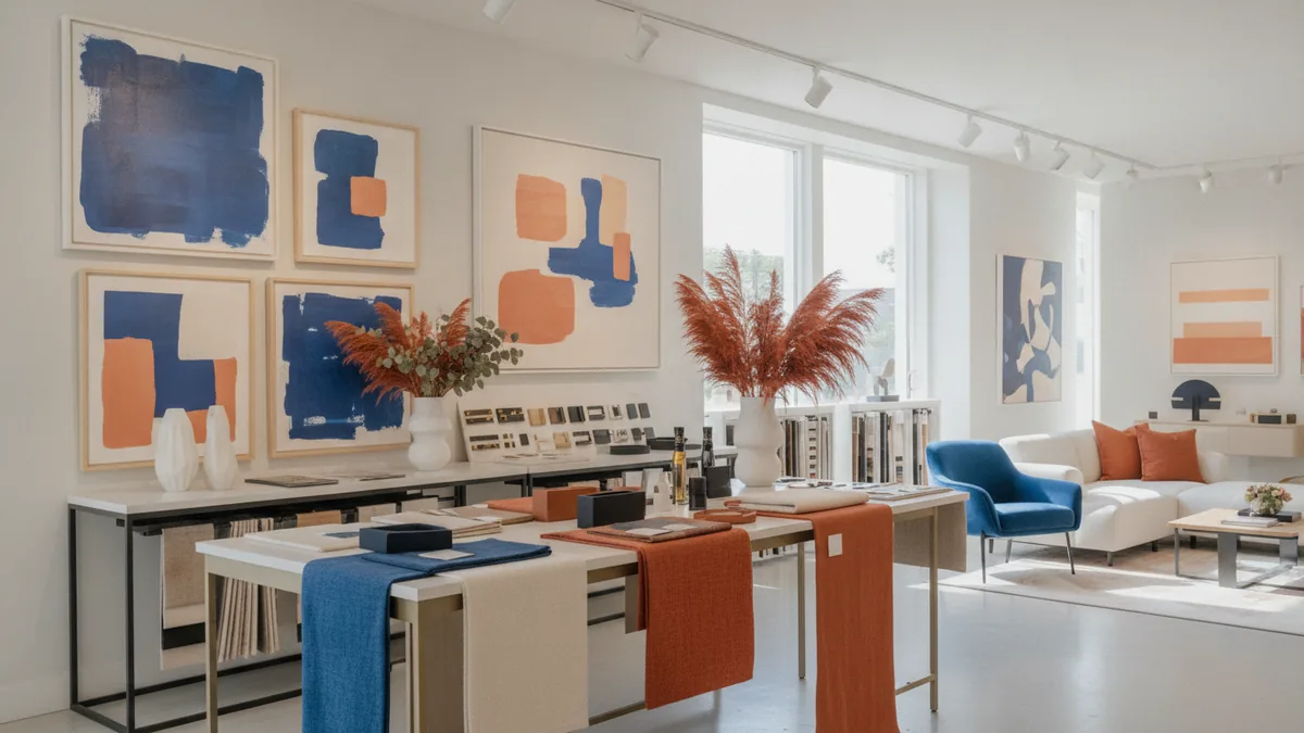 Interior designer selecting furniture and artwork samples in a trade showroom