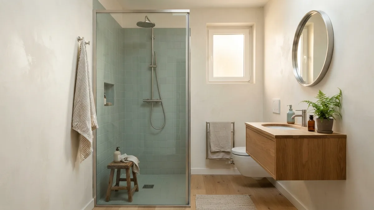 Compact European bathroom with walk-in shower, sage tile, and pale wood details