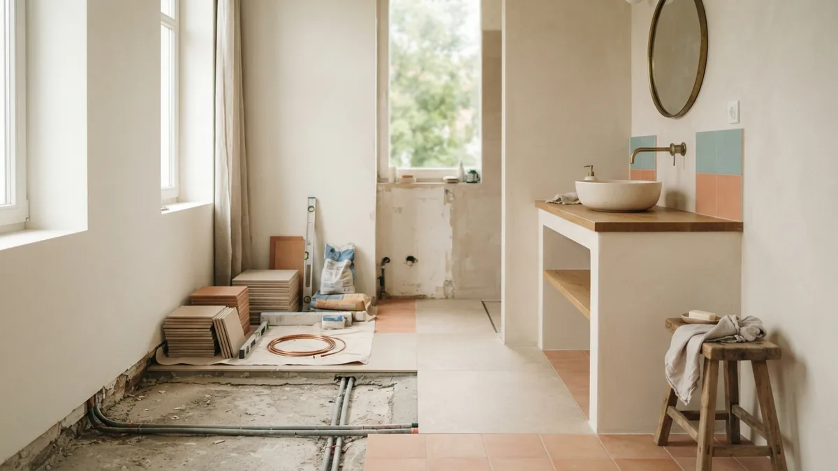 Bathroom remodel with exposed floor area, cream vanity, and natural renovation materials