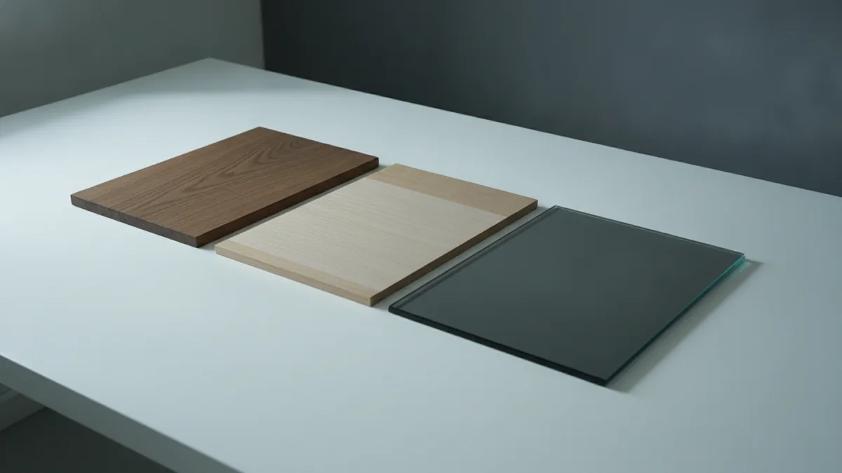 Close-up view comparing solid wood, veneer, and glass dining table surfaces
