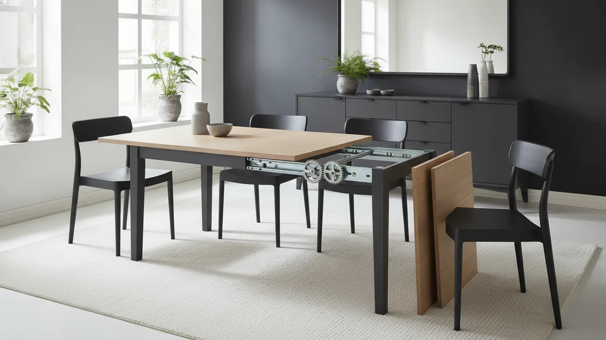 Dining room extension table showing extra leaves and hardware area