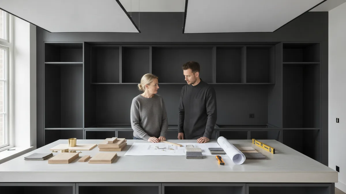 Materials and tools staged for planning a kitchen renovation