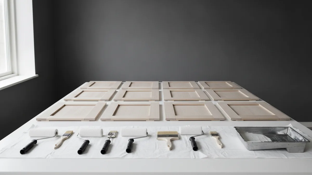 Cabinet doors prepped and staged for professional painting