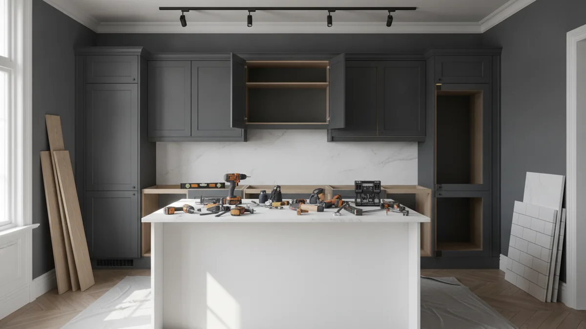 Contractor-style view of kitchen renovation materials and cabinetry being installed