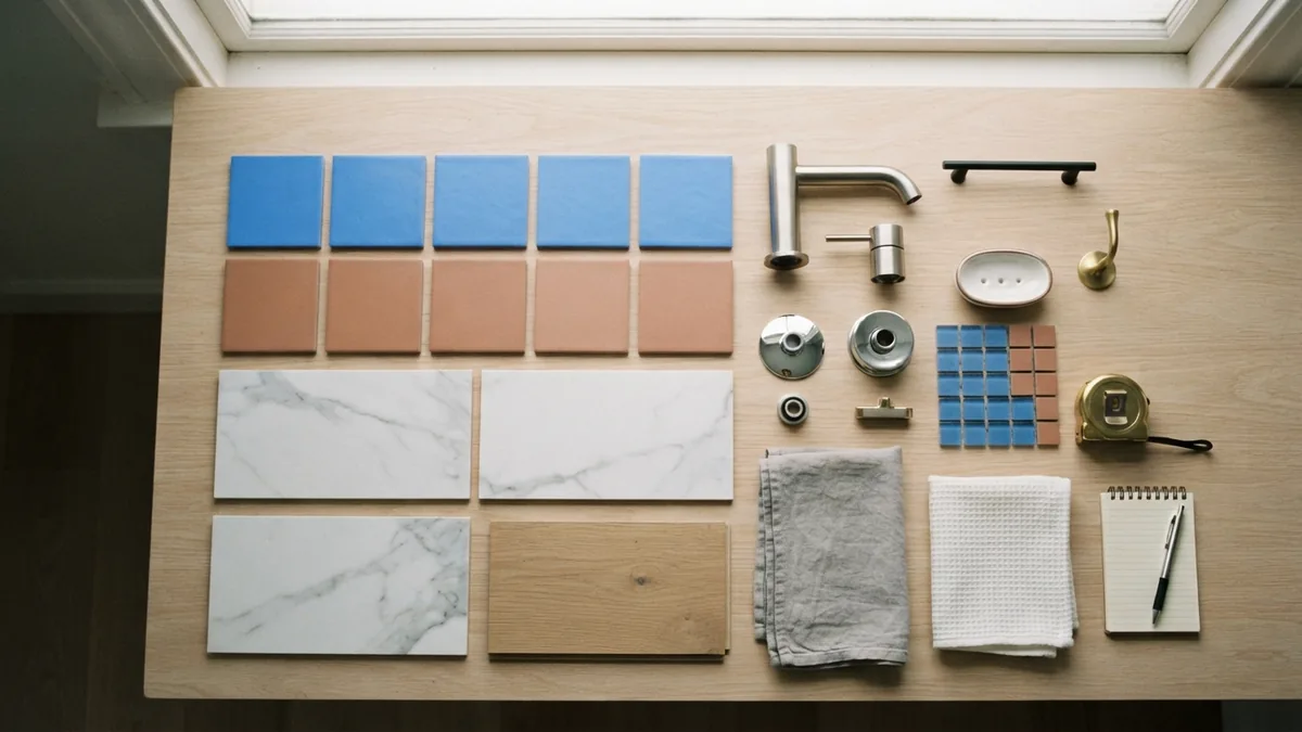 Bathroom materials that shape remodel costs Close view of bathroom materials including tile samples, faucet finishes, and vanity hardware