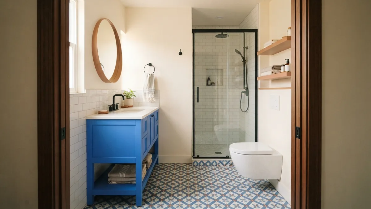 Efficient small bathroom layout and finishes Modern small bathroom showing regional style choices with tile, vanity, and efficient layout