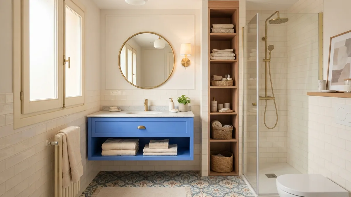 Well-planned small bathroom with durable fixtures, strong lighting, and useful storage