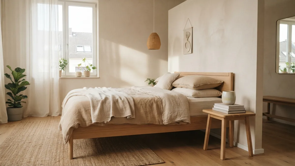 Japandi bedroom with pale plaster walls, light oak furniture, and calm natural textures