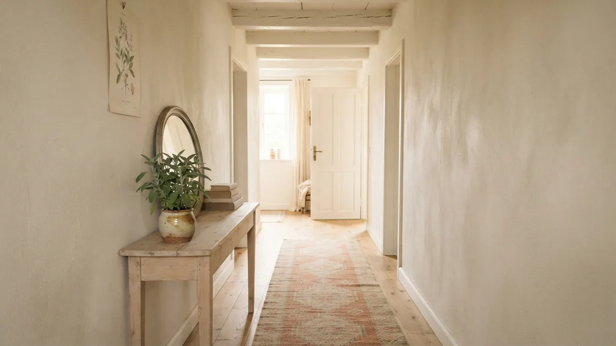 Bright farmhouse hallway with matte plaster walls, pale wood, and soft sage accents