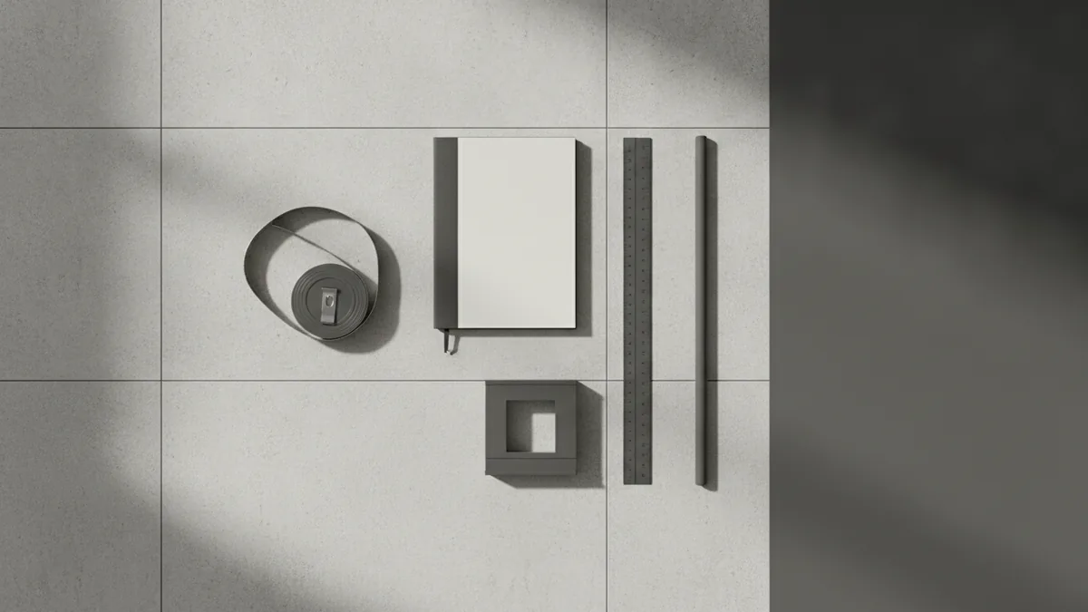 Measure wall size accurately Tape measure and notes on a bathroom floor for room measurements