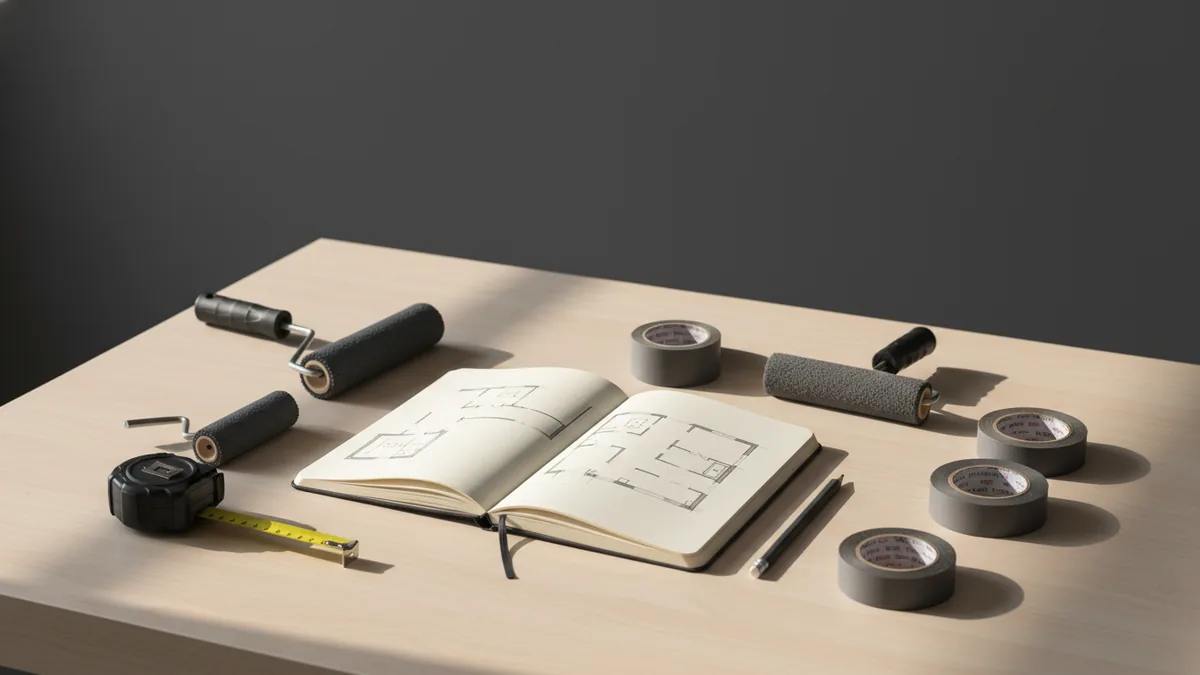 Wall area and coat calculations with tools on a work surface