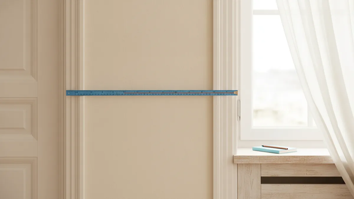 Tape measure stretched across a room wall beside a door and bright window