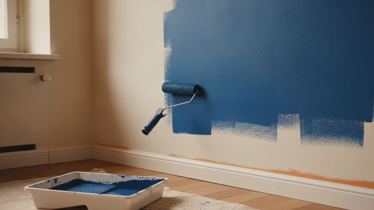 Paint roller applying an even coat across a textured interior wall surface