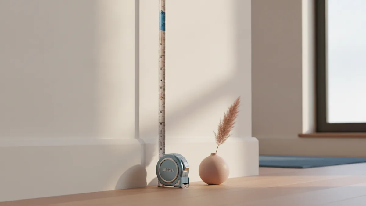 Measure bedroom wall height Measuring a bedroom wall from floor to ceiling with a tape measure