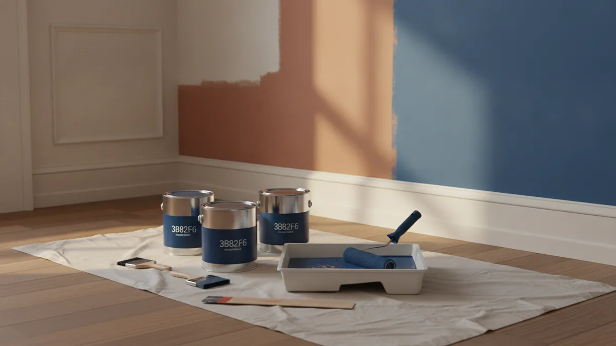 Plan paint quantity and coverage Paint cans and roller arranged beside a freshly prepared bedroom wall