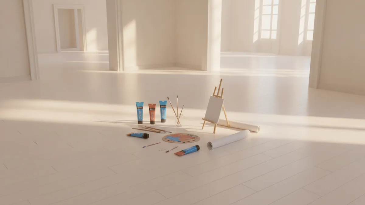 Compare paint needs by room size Paint supplies arranged in a room sized for comparing bedroom dimensions