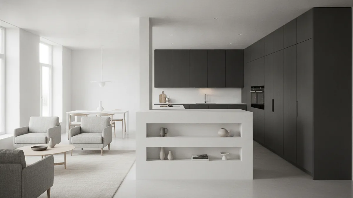 Use open space wisely Open kitchen space with a half-wall and freestanding cabinet for pantry storage