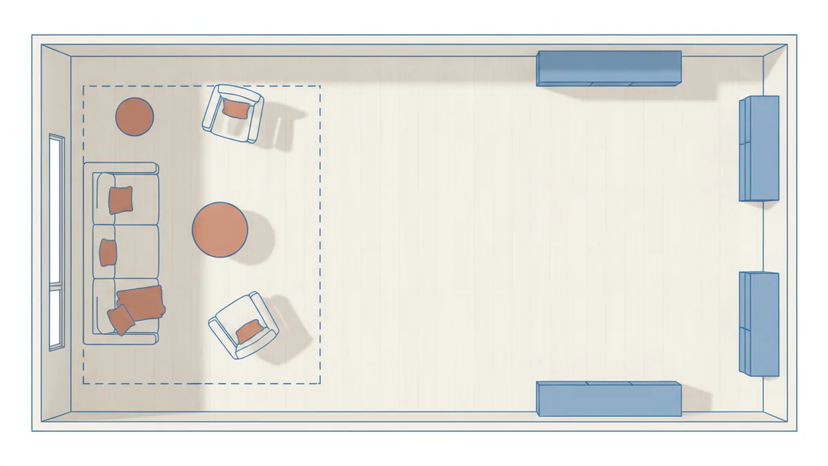 Measured layout concept for a long living room with clear pathways