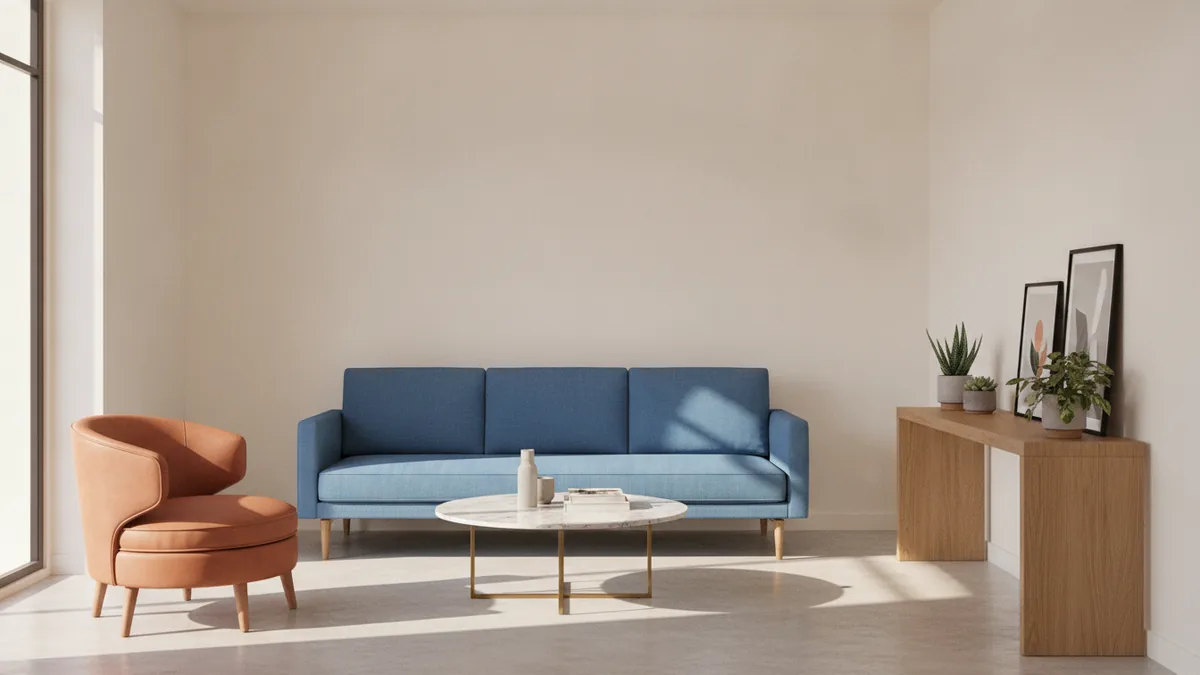Scaled furniture in a narrow living room with slim silhouettes