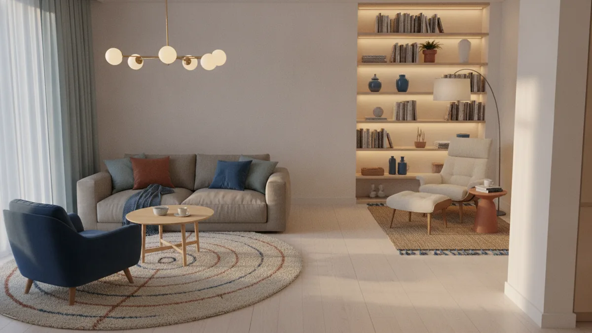Zoning for comfort Zoned narrow living room with rug and layered lighting